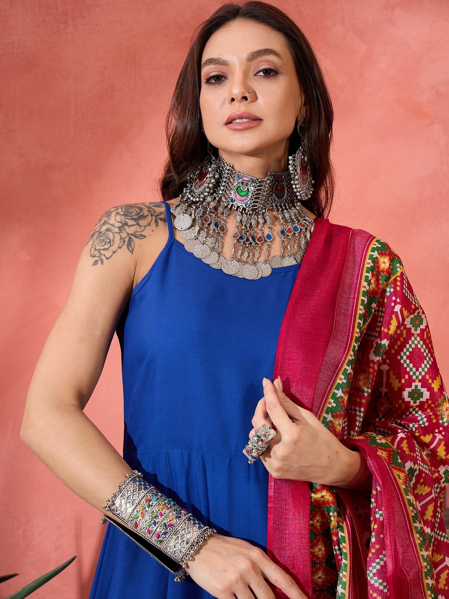 InWeave Ink Blue Strappy Kurta Set Pink Patola Dupatta 