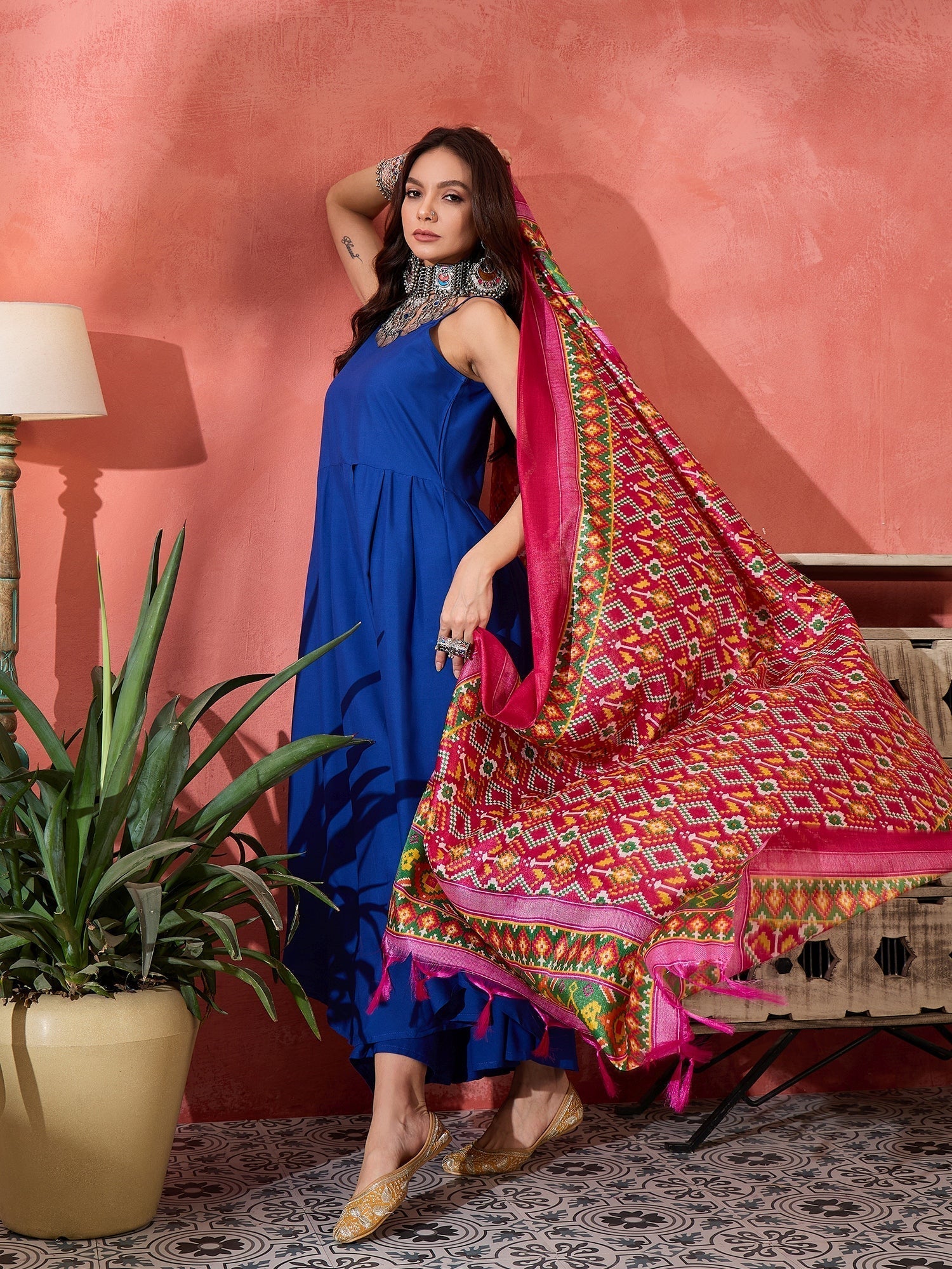 InWeave Ink Blue Strappy Kurta Set Pink Patola Dupatta 