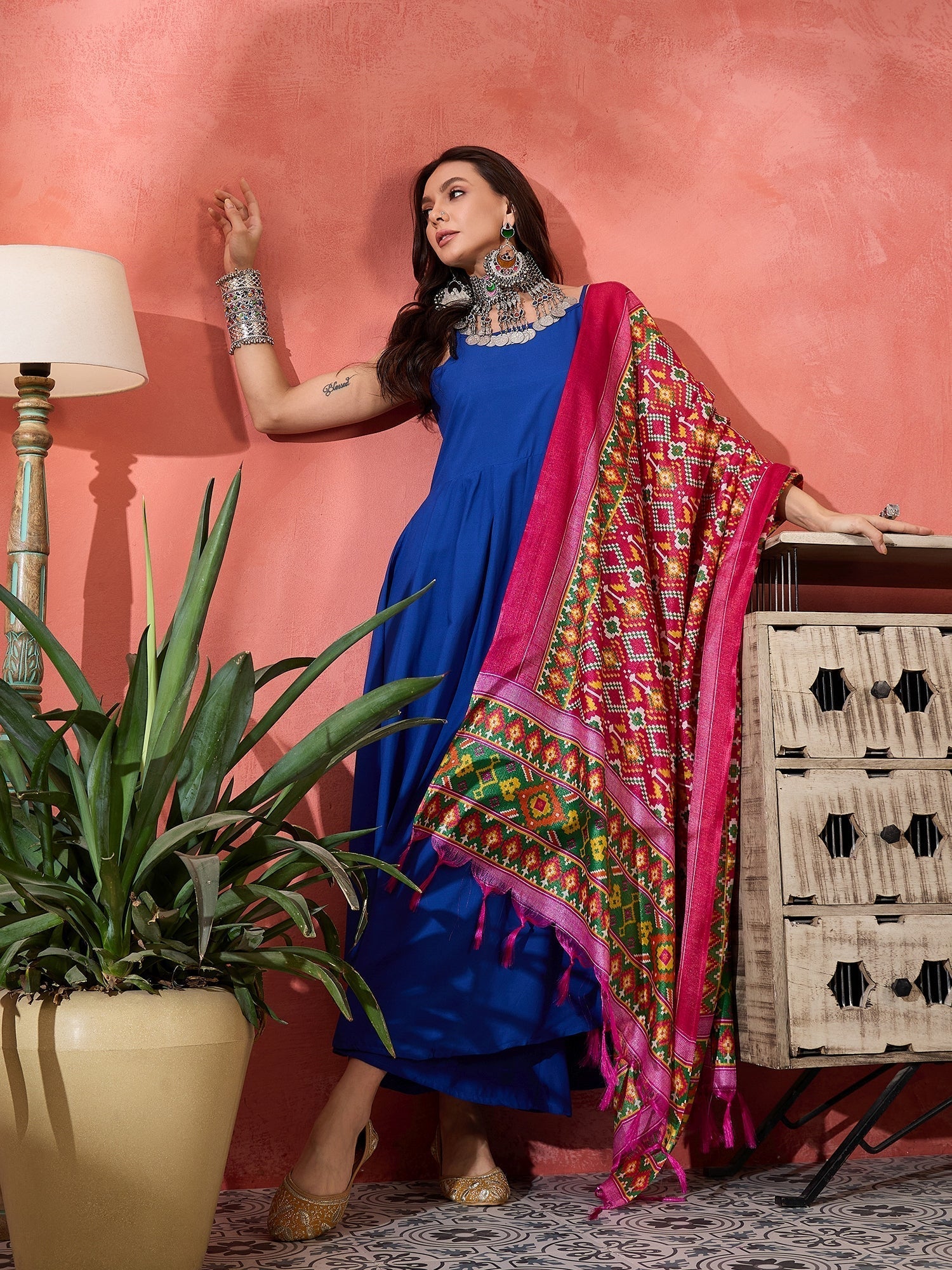 InWeave Ink Blue Strappy Kurta Set Pink Patola Dupatta 