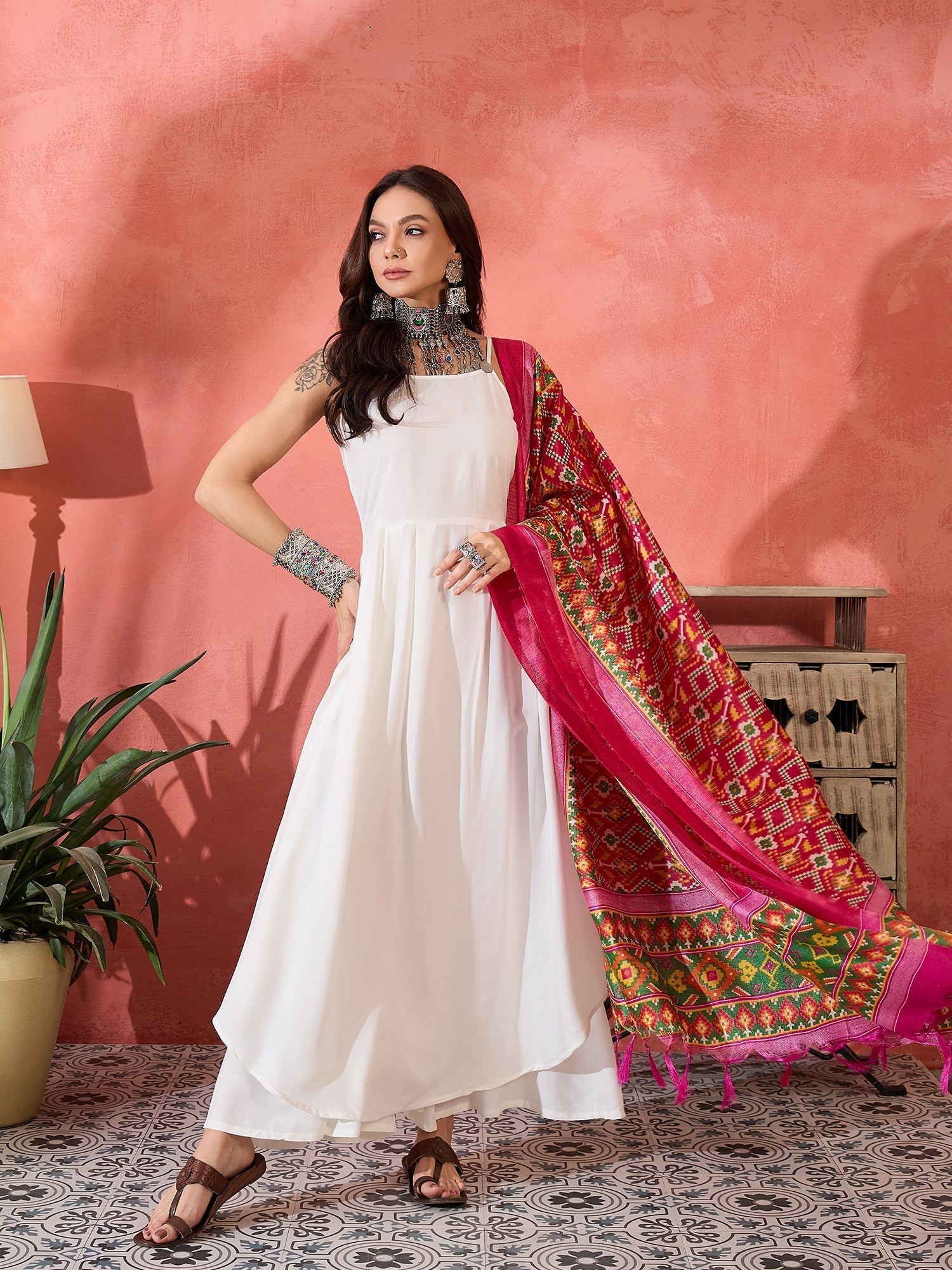 InWeave White Strappy Kurta Set Pink Patola Dupatta 