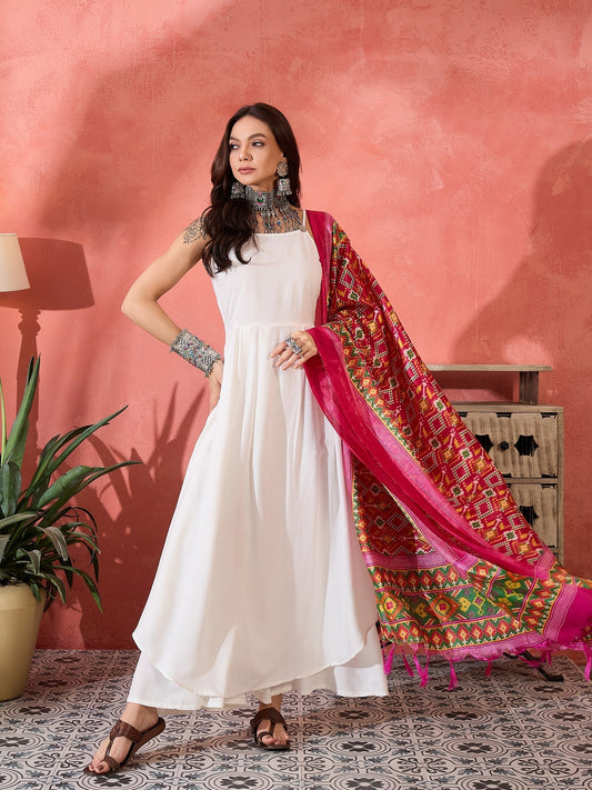 InWeave White Strappy Kurta Set Pink Patola Dupatta 