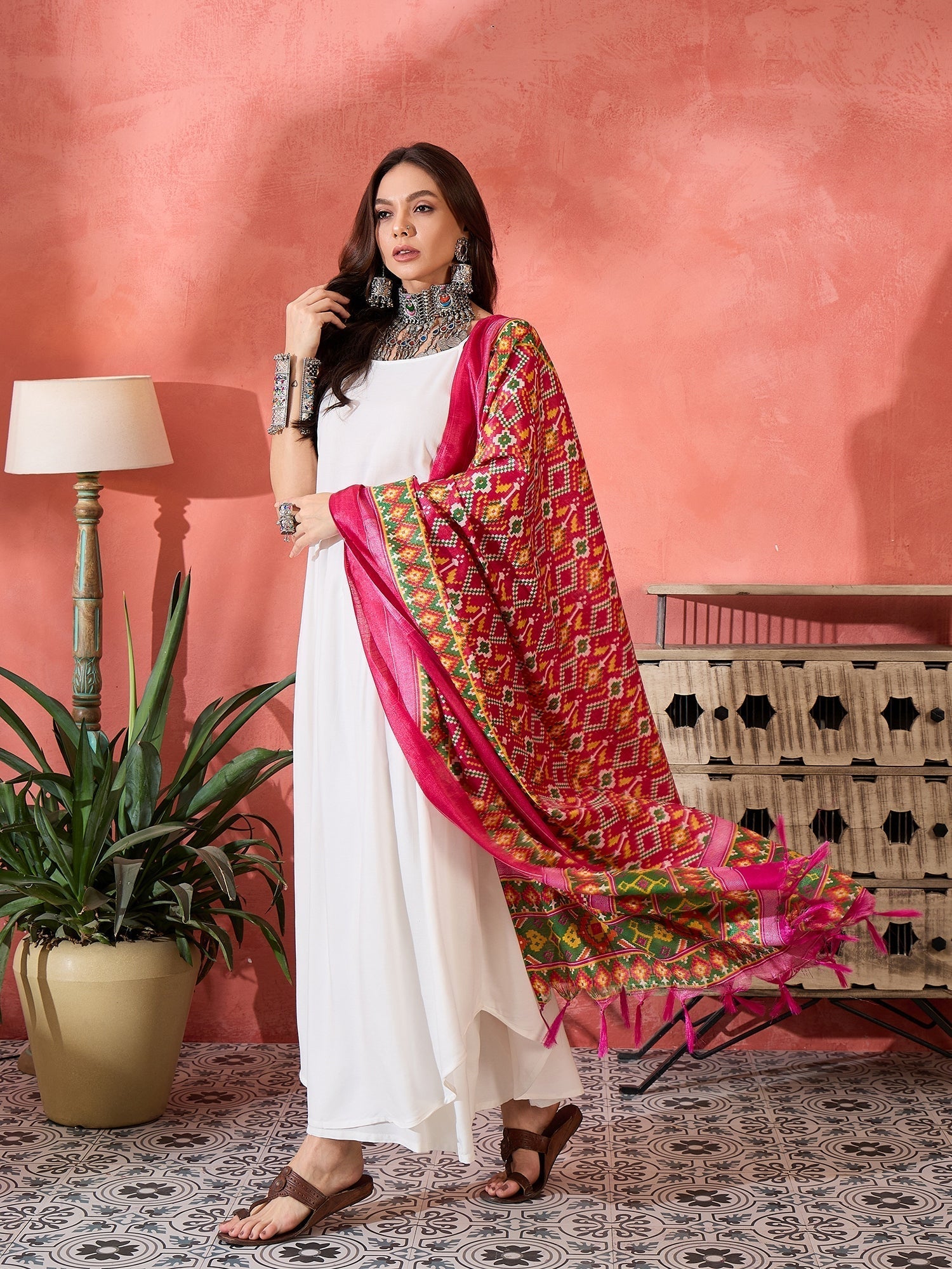 InWeave White Strappy Kurta Set Pink Patola Dupatta 