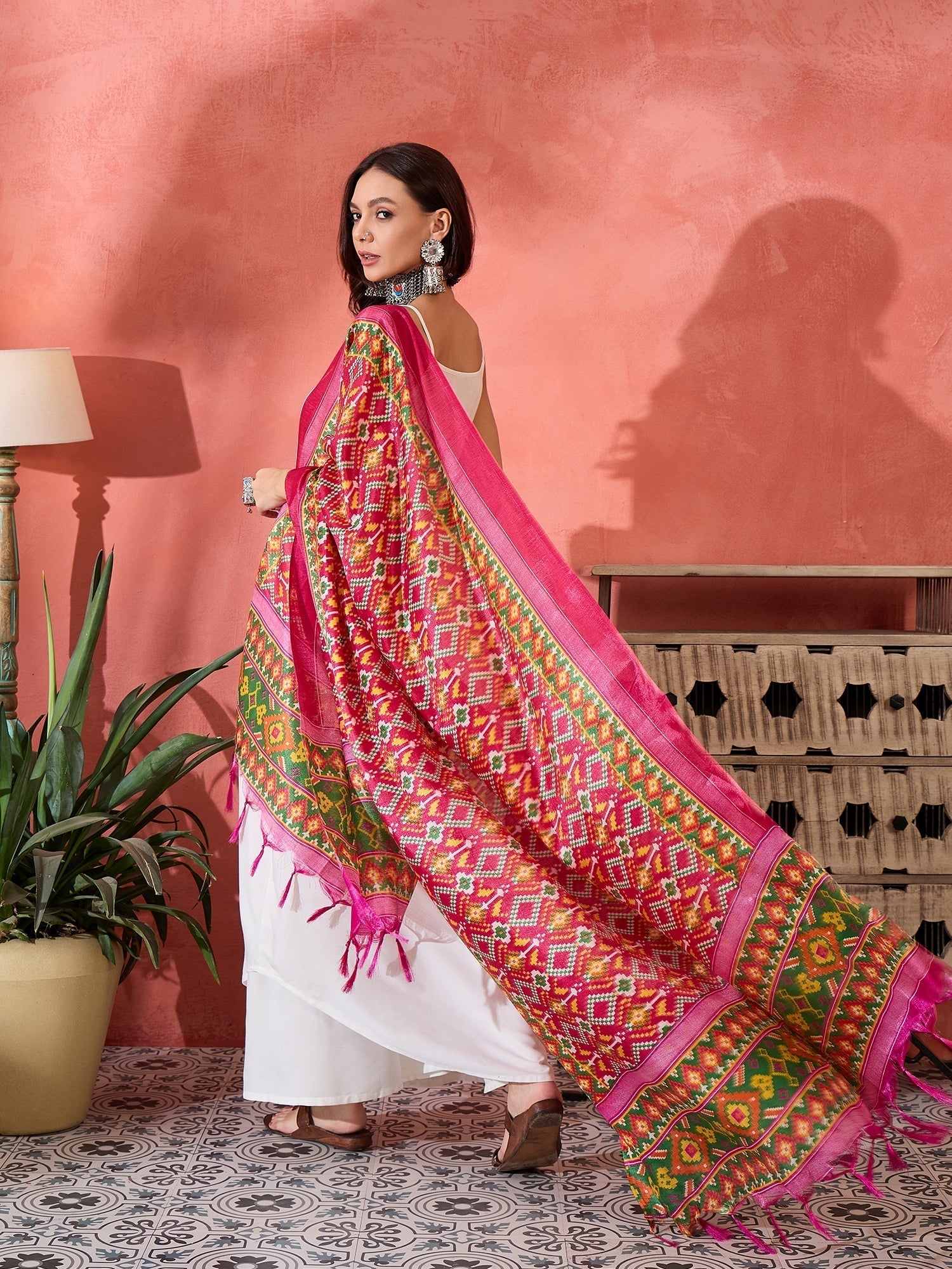 InWeave White Strappy Kurta Set Pink Patola Dupatta 