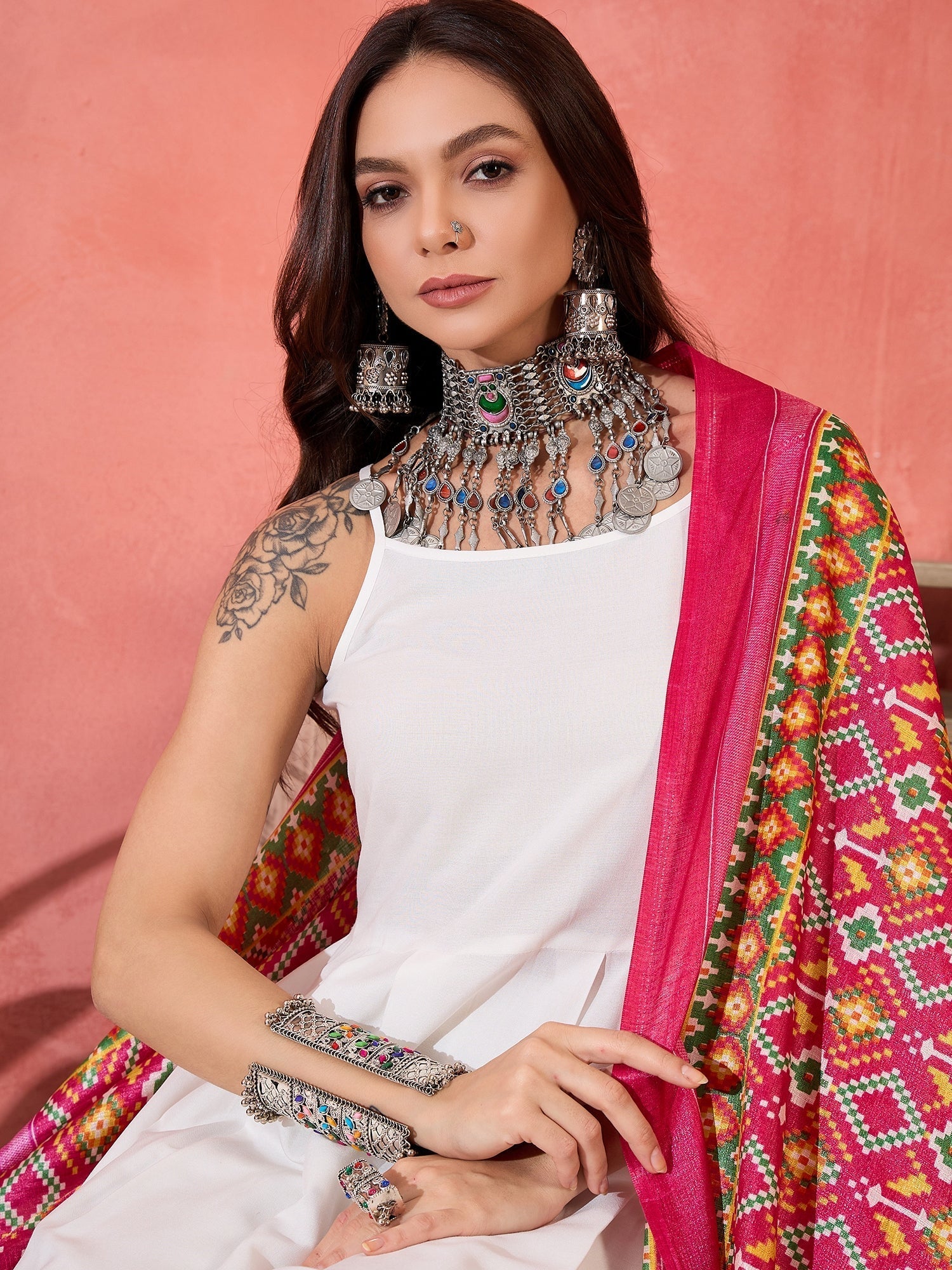InWeave White Strappy Kurta Set Pink Patola Dupatta 
