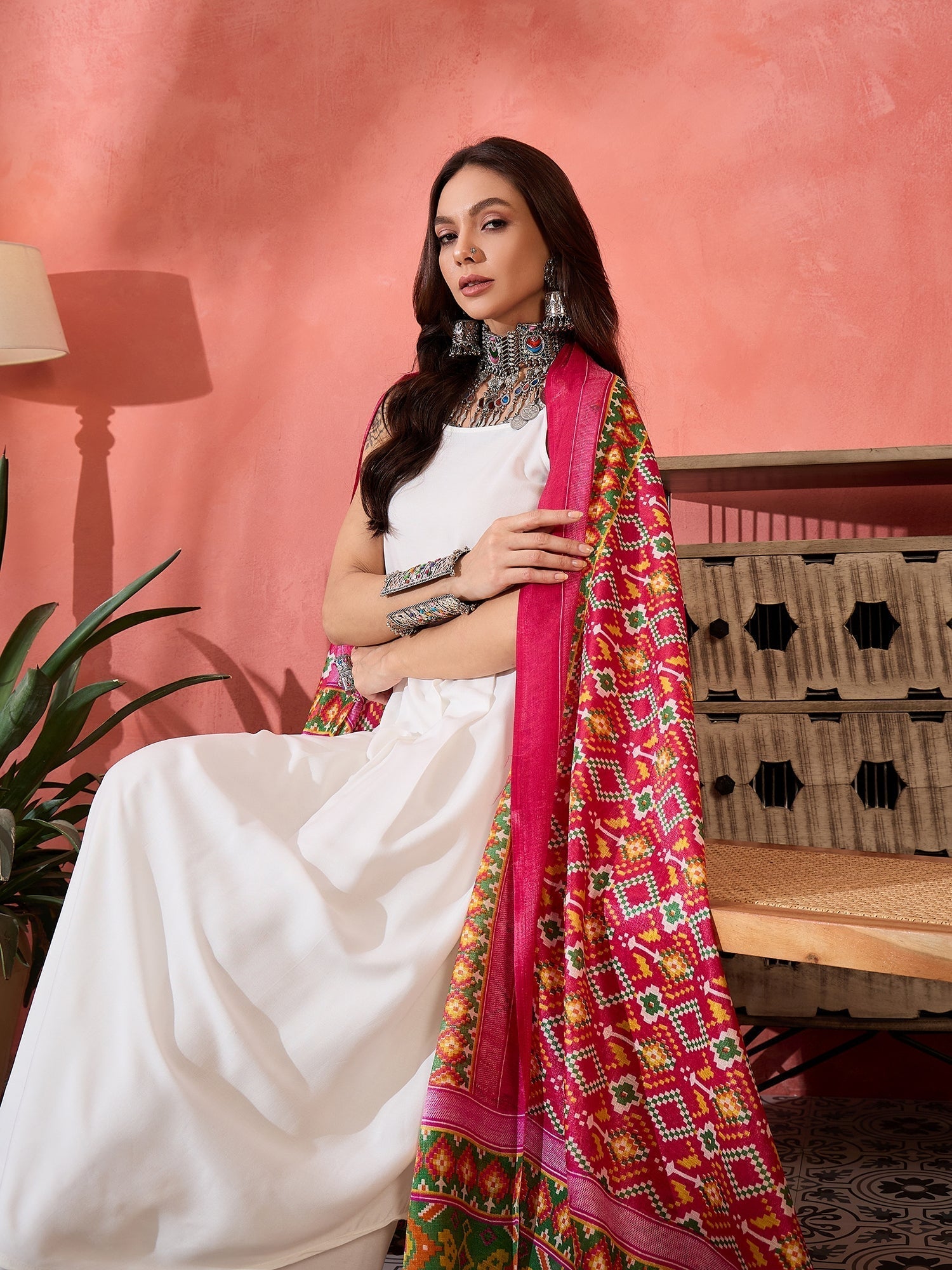 InWeave White Strappy Kurta Set Pink Patola Dupatta 