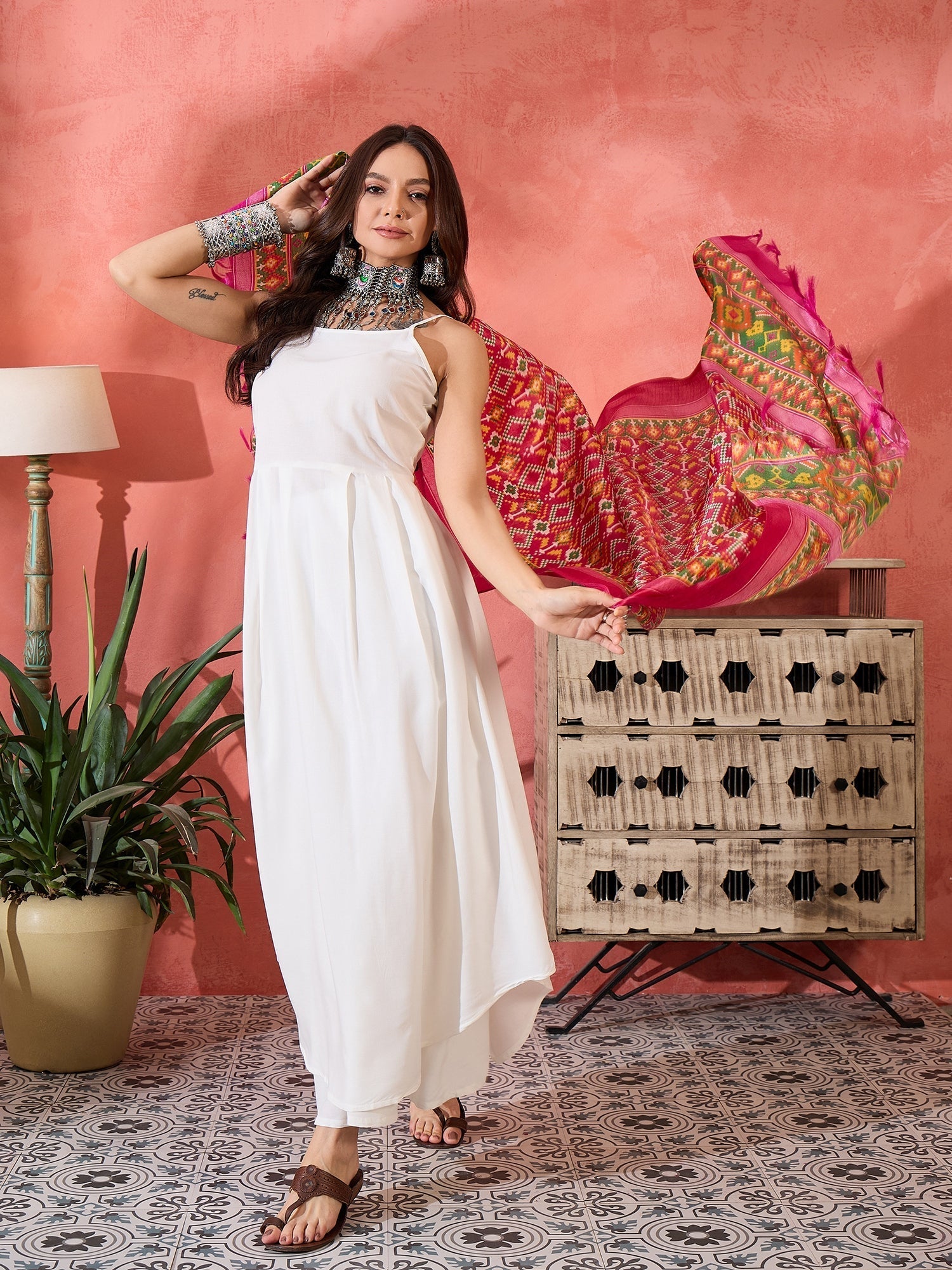 InWeave White Strappy Kurta Set Pink Patola Dupatta 