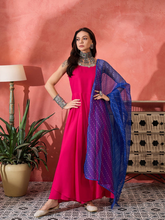 InWeave Fuchsia Strappy Kurta Set Blue Bandhani Or Dupatta 