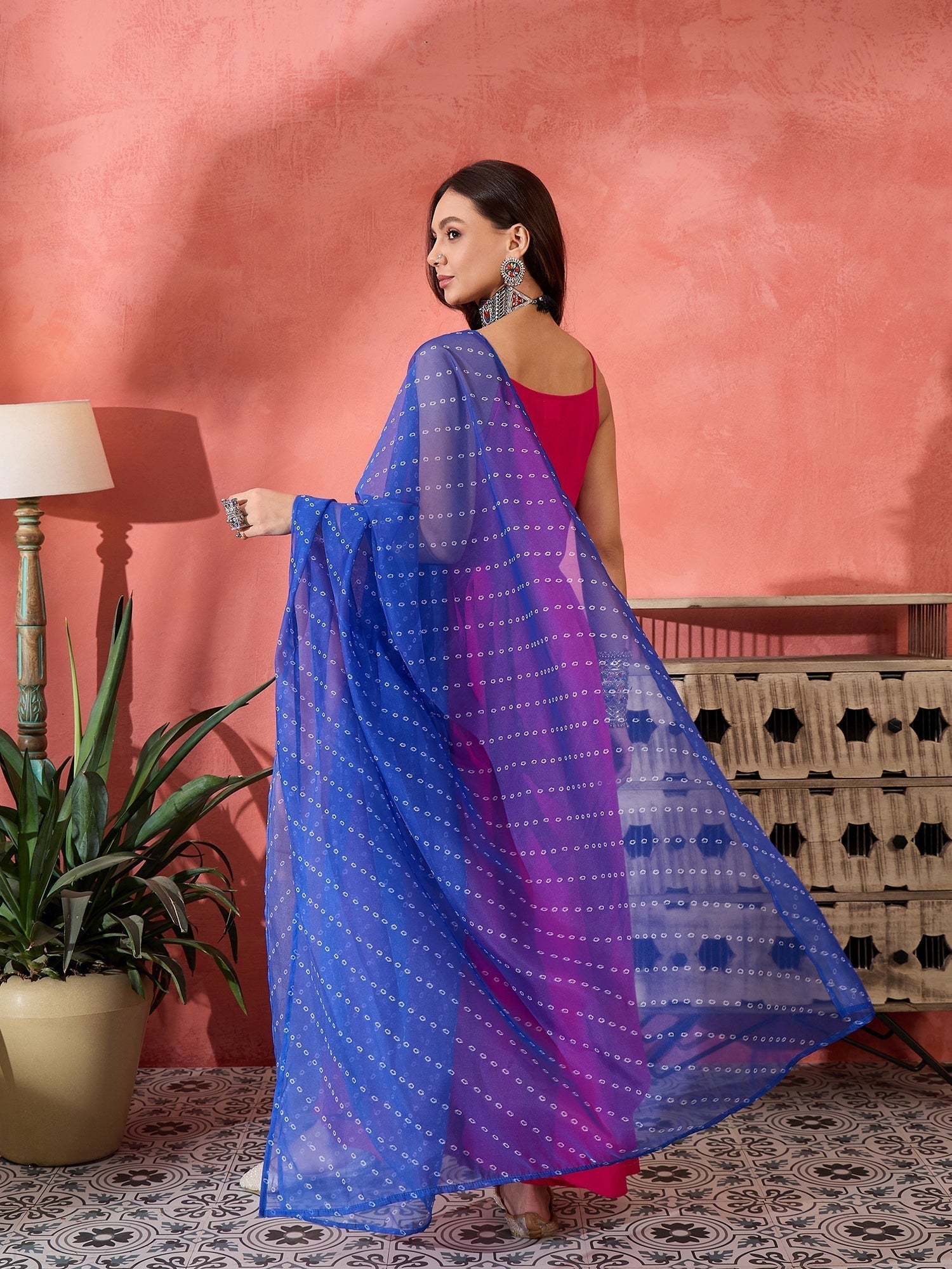 InWeave Fuchsia Strappy Kurta Set Blue Bandhani Or Dupatta 