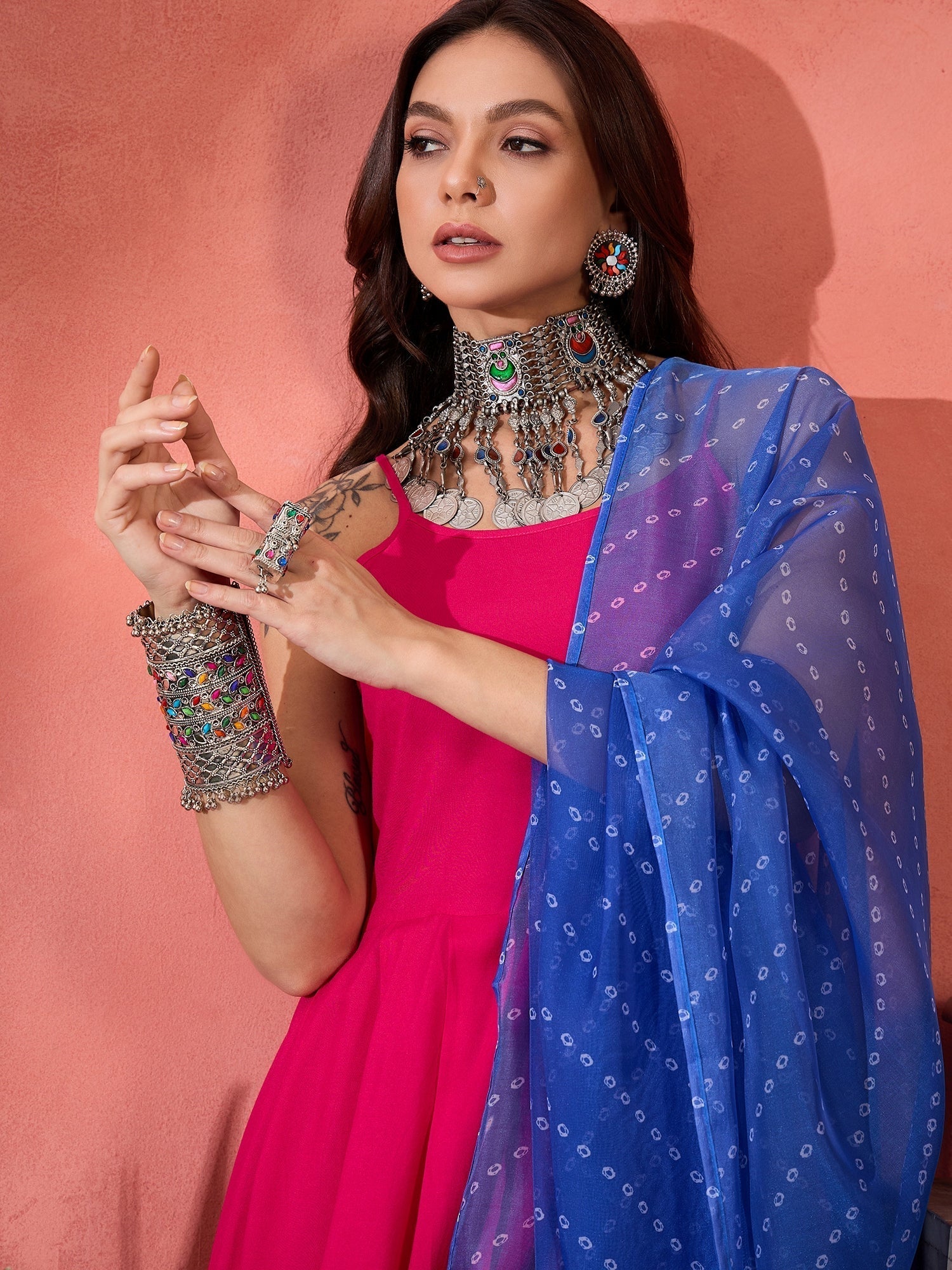InWeave Fuchsia Strappy Kurta Set Blue Bandhani Or Dupatta 