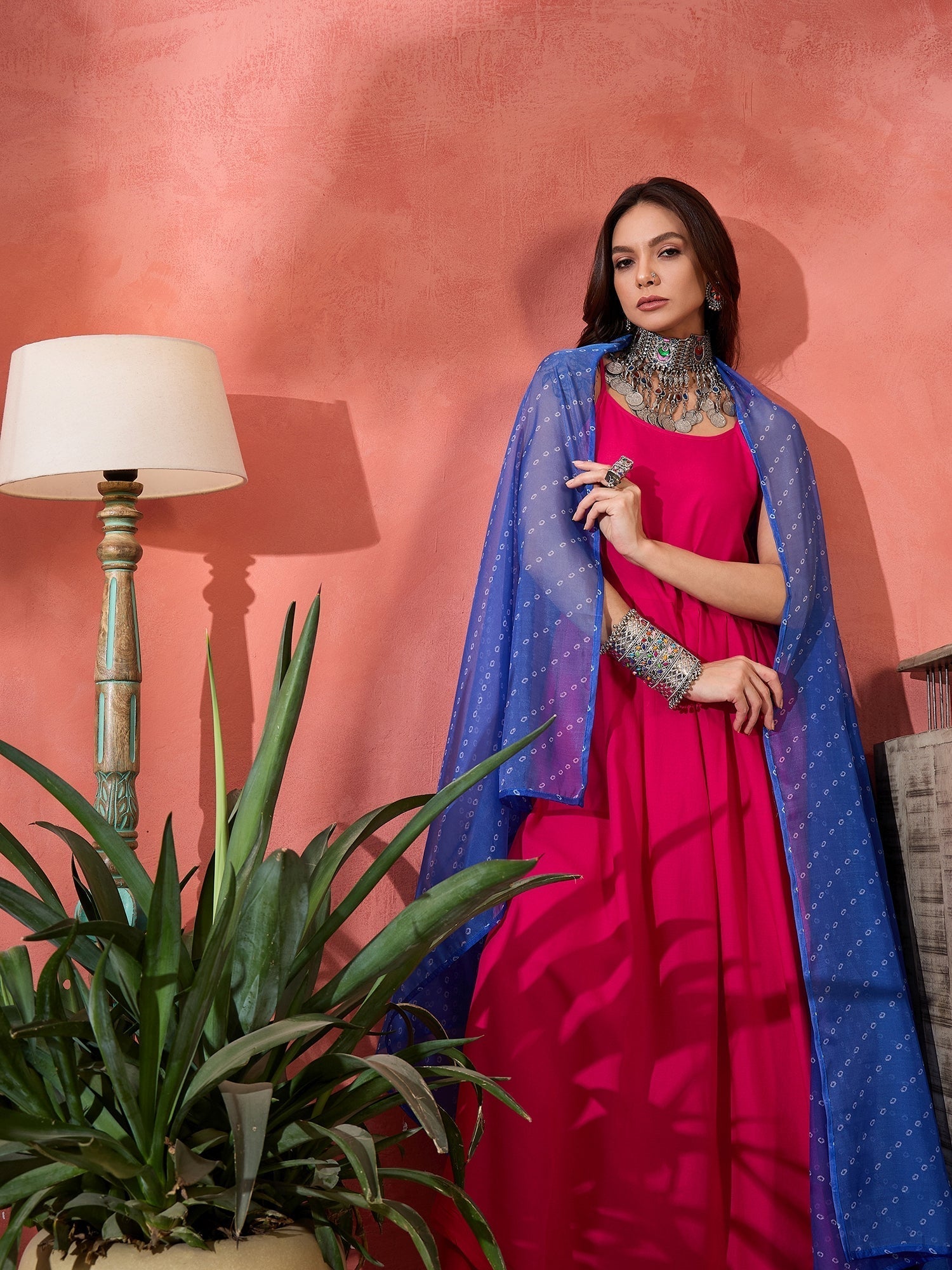 InWeave Fuchsia Strappy Kurta Set Blue Bandhani Or Dupatta 