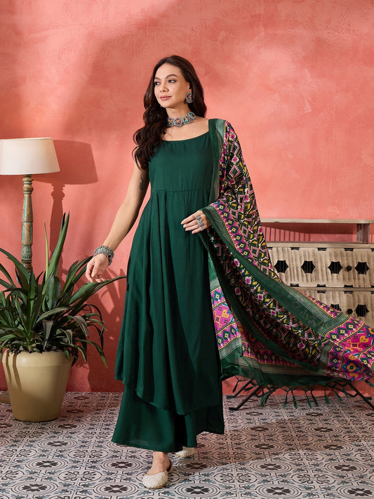 InWeave Green Strappy Kurta Set Green Patola Dupatta | Grab2Buy