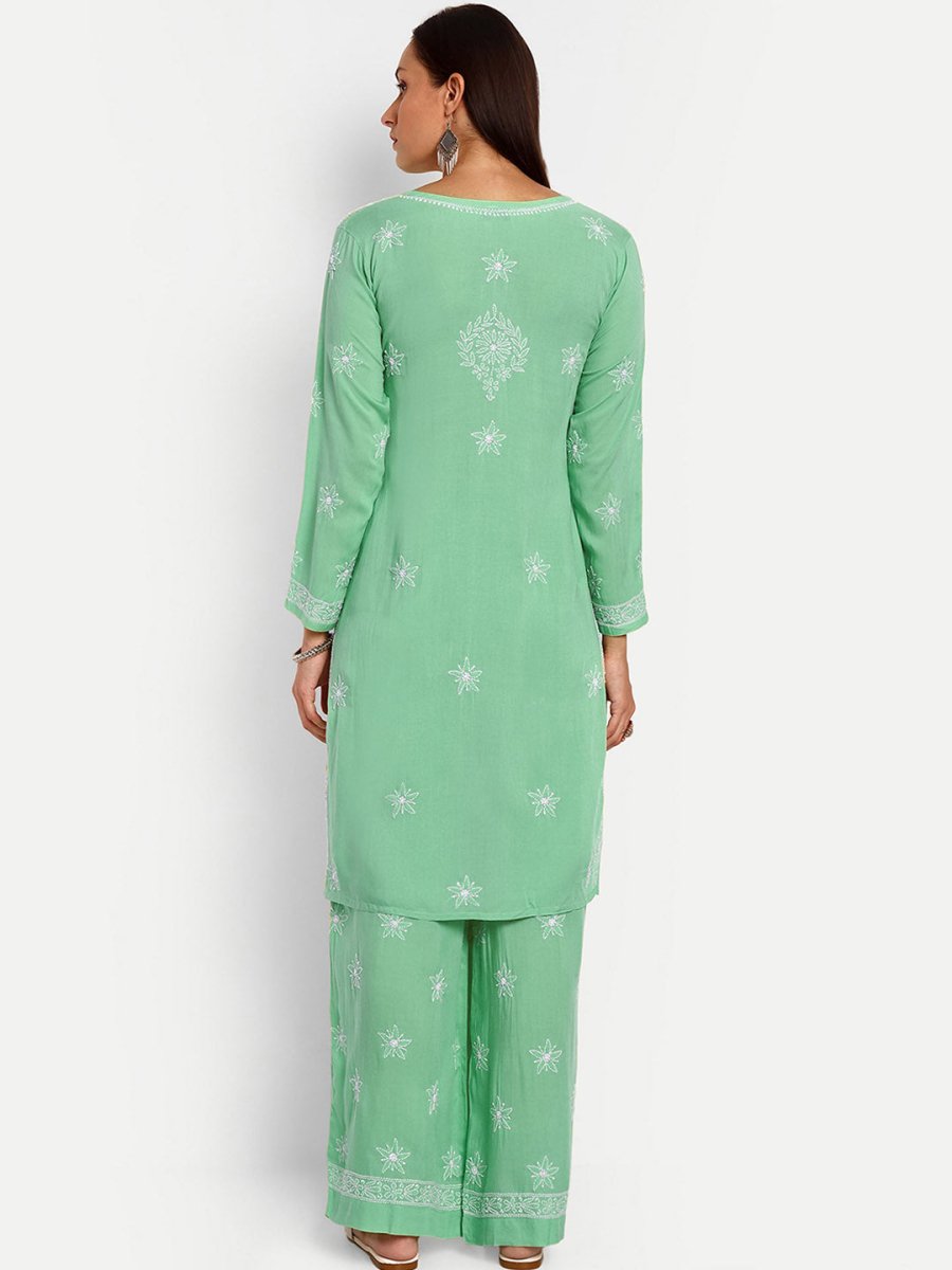 ADA Floral Embroidered Long Sleeves Regular Lucknowi Chikankari Kurta With Palazzos 