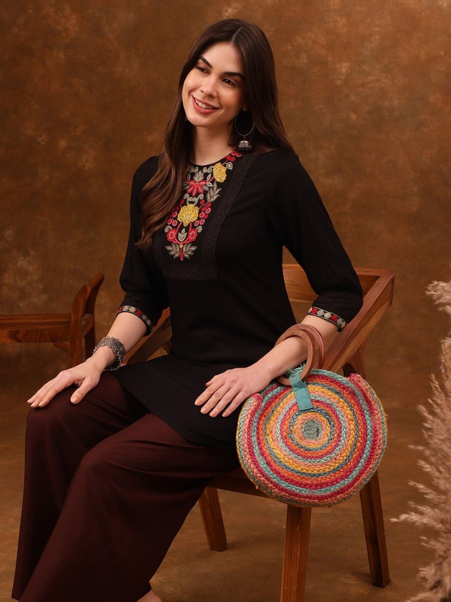 Anouk Floral Yoke Design Thread Work Straight Kurta | Grab2Buy