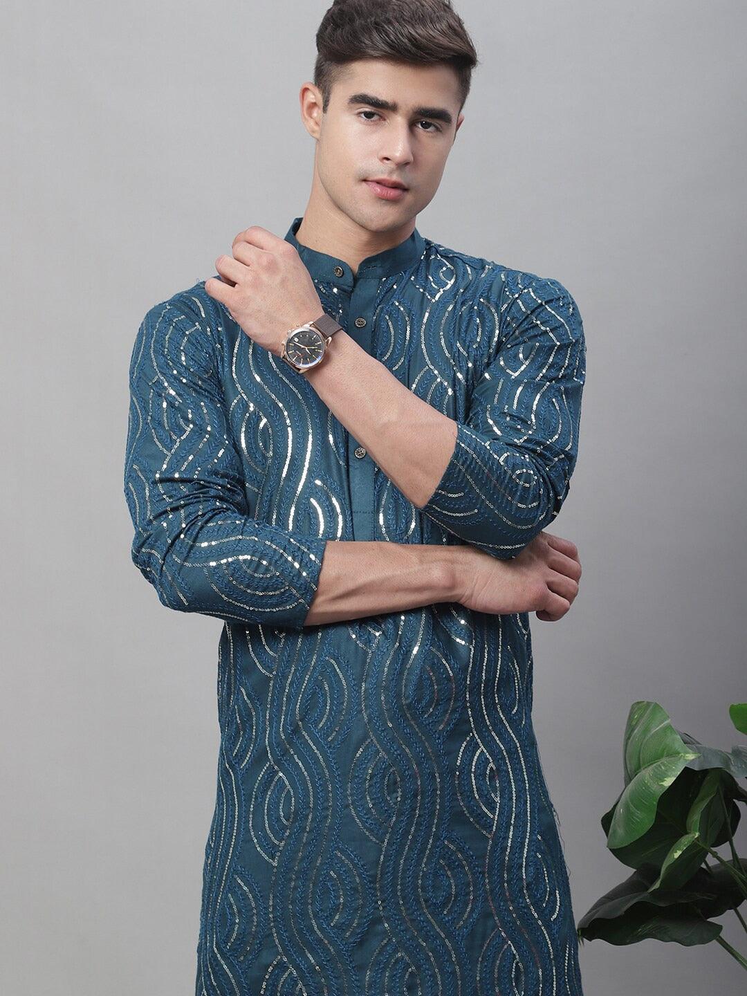 Sojanya Ethnic Motifs Embroidered Sequinned Pure Cotton Kurta with Churidar 