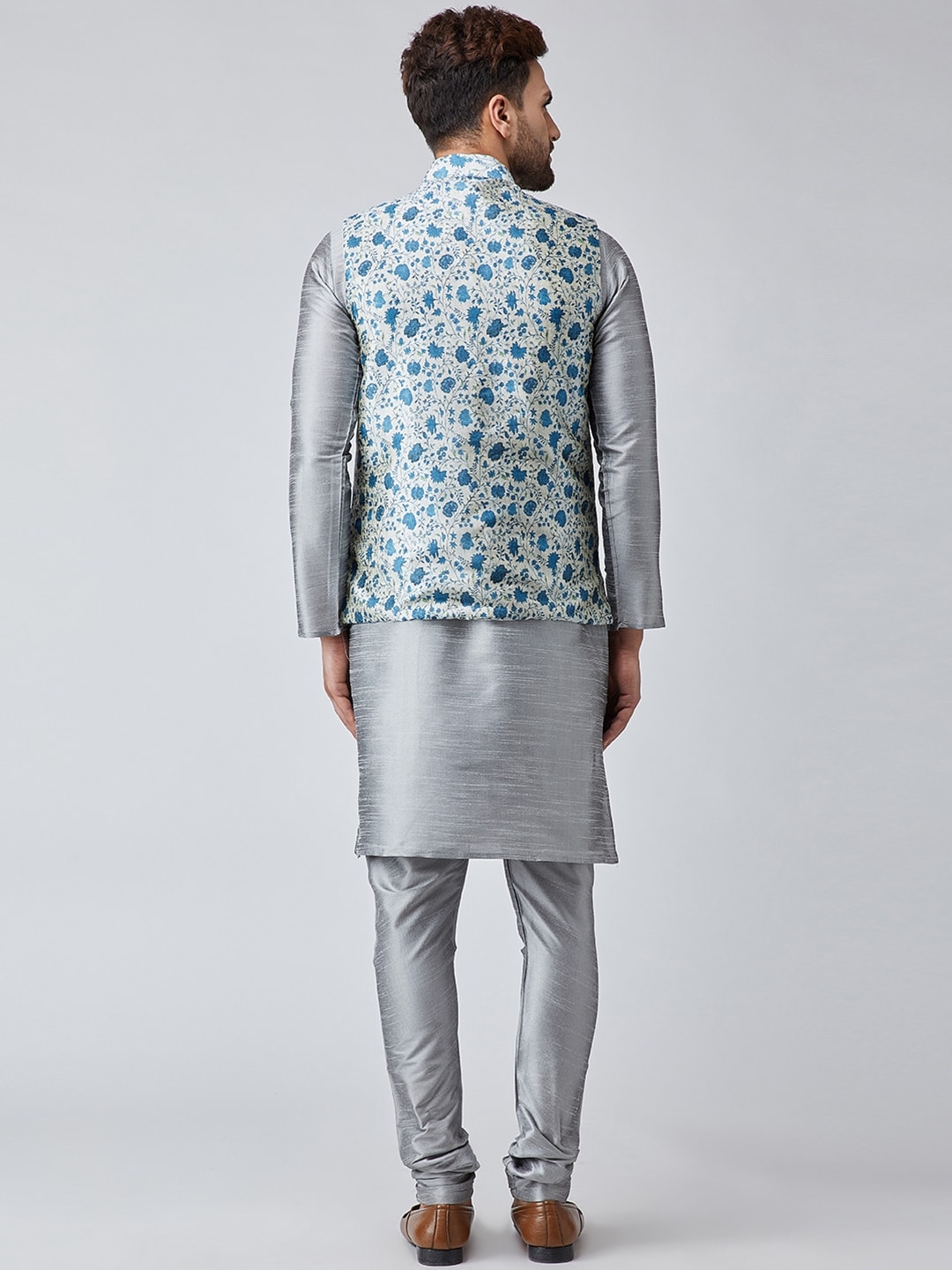 Sojanya Men Grey & Blue Self Design Kurta with Churidar & Nehru Jacket 