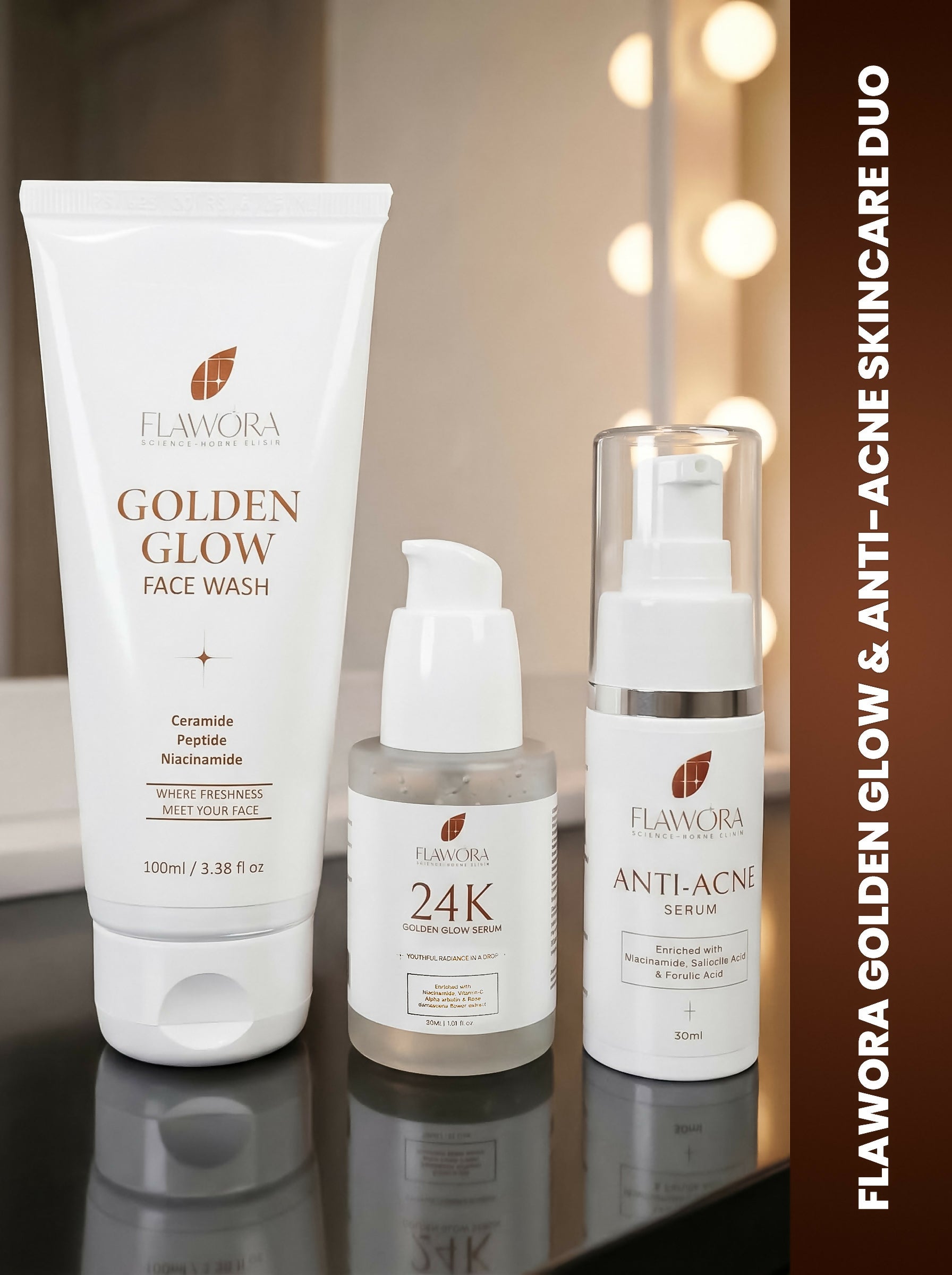 Flawora Set of Golden Glow Face Wash, Anti Acne Serum and 24k Golden Glow Face Serum