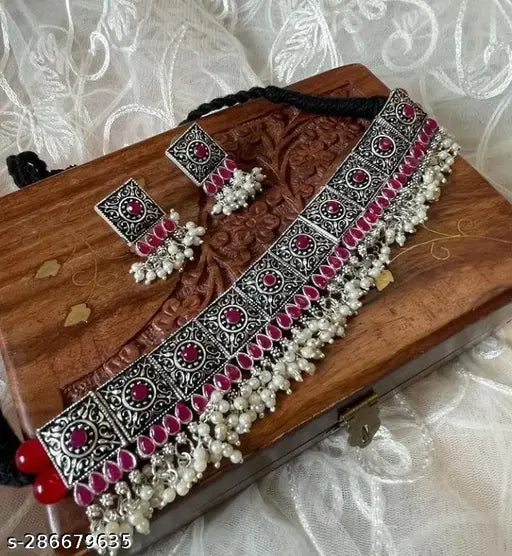 Tehzeeb Creations Women Silver Plated Necklace With Beads And Pearl Tehzeeb Creations