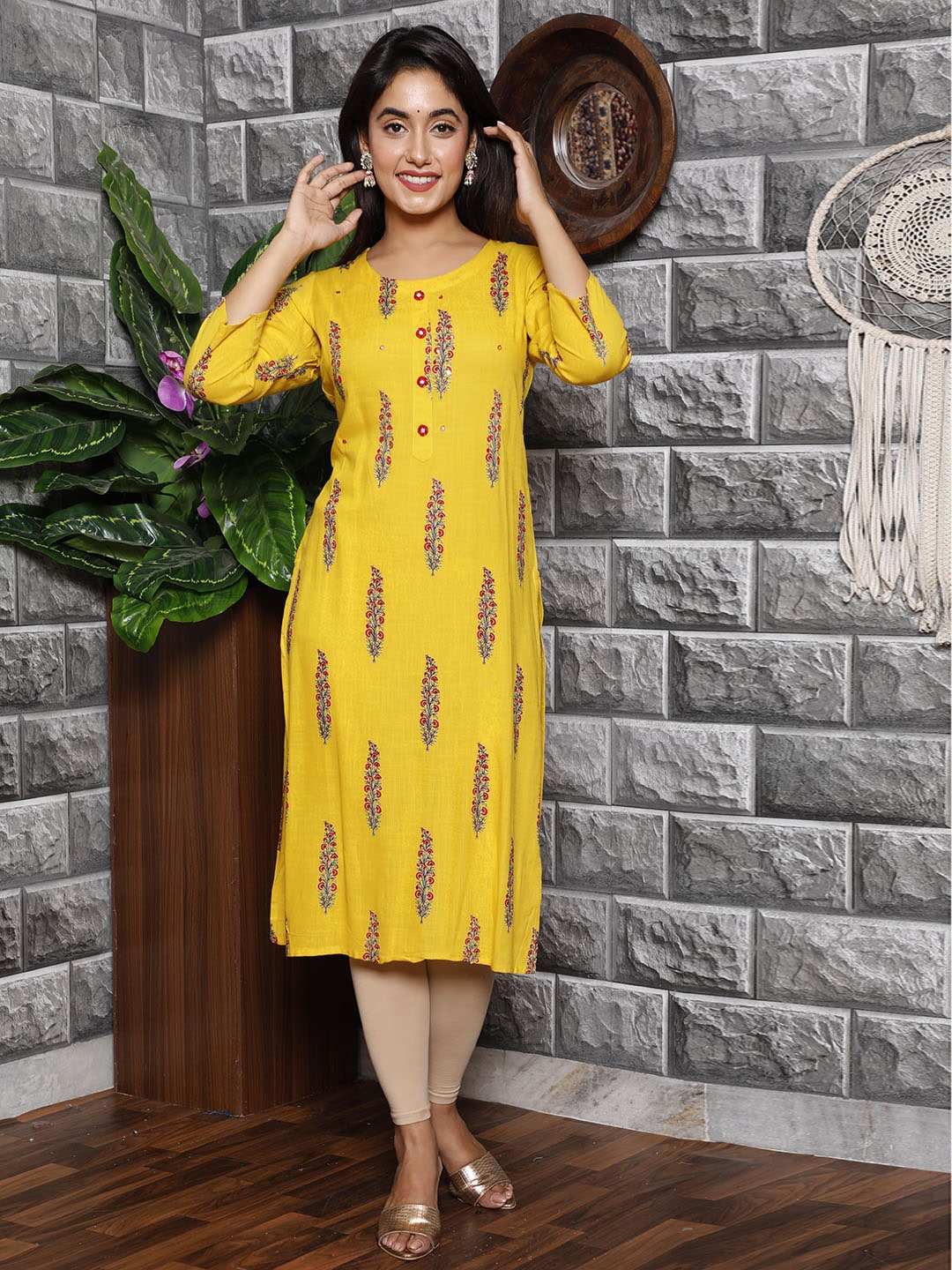 HERE&NOW Women Mustard Yellow Floral Mirror Work Floral Kurta