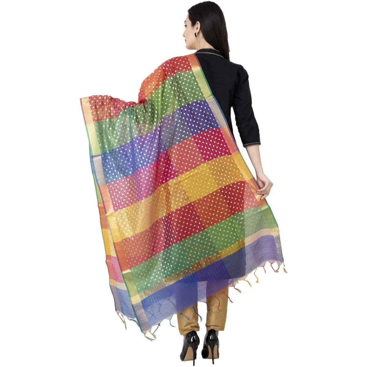 A R Silk Multi Box Gold Print Fancy Dupatta Multi Color Color Dupatta or Chunni 