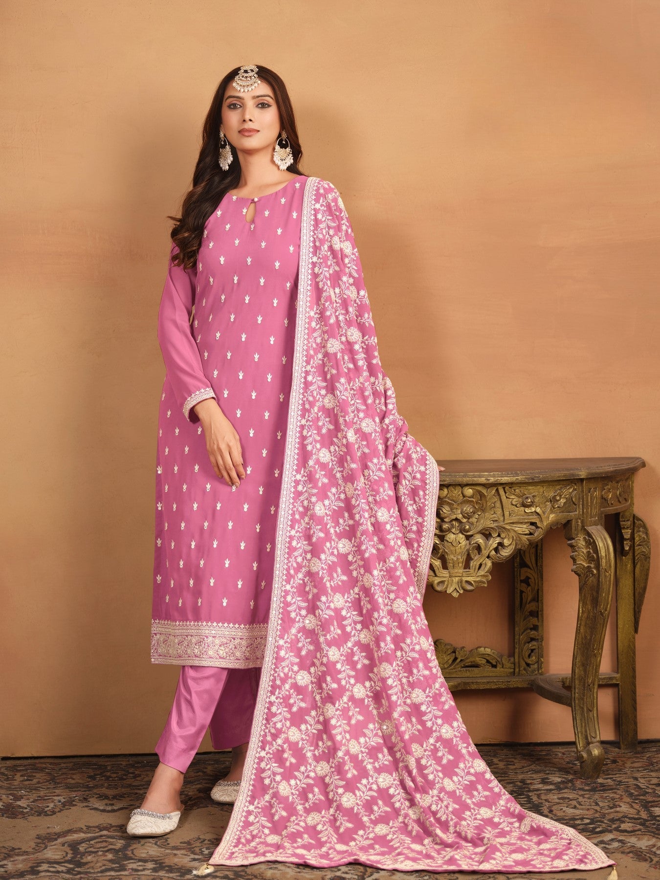 Anaita Pink Embroidered Faux Georgette Salwar Suit