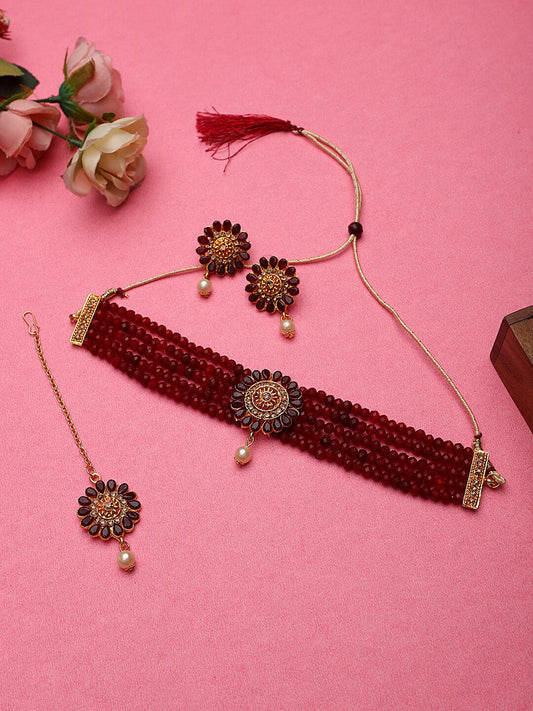 Cardinal Gold-Plated Maroon Onyx-Studded & Beaded Jewellery Set - Grab2buy
