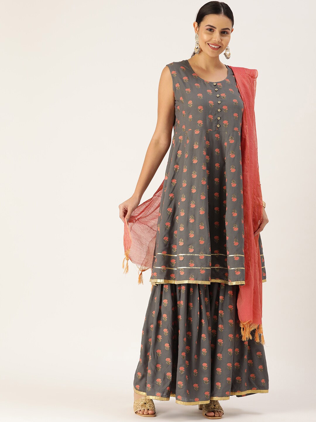 HERE&NOW Women Grey & Peach-Colored Floral Printed Kurta With Sharara With Dupatta