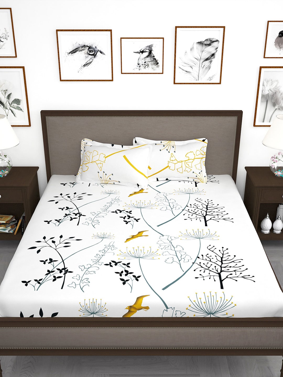 Story@home White & Blue Floral King Bedsheet with 2 Pillow Covers 