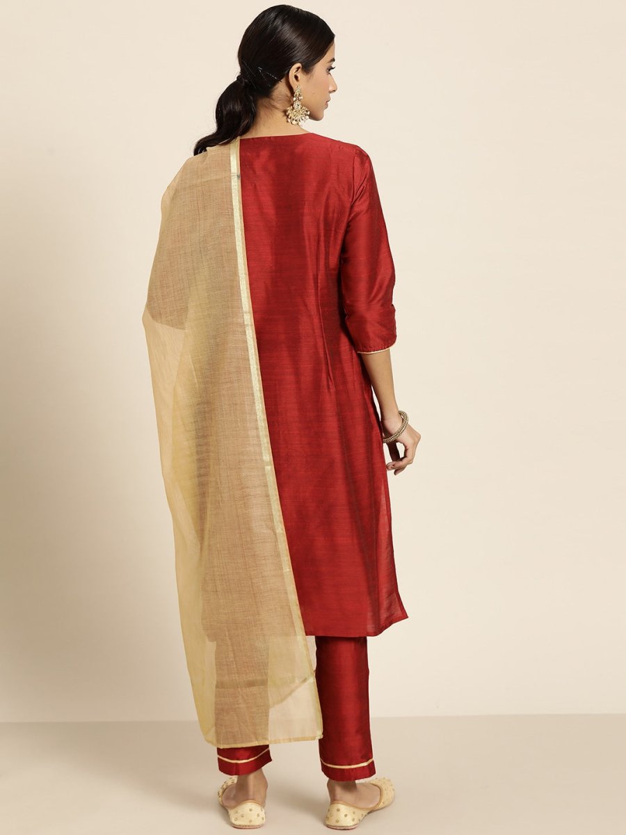 All About You Women Maroon & Golden Embroidered Regular Kurta with Trousers & Dupatta