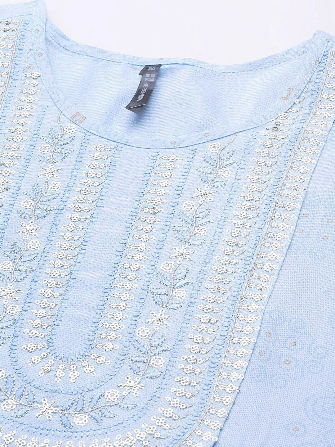 HERE&NOW Women Blue Ethnic Motifs Printed Embroidered Sequin Detail Kurta