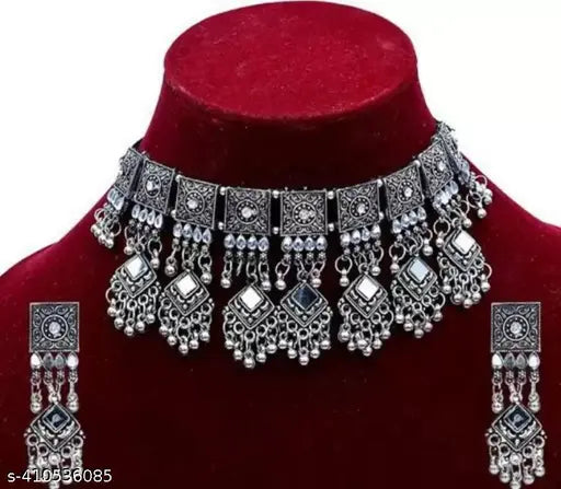 Tehzeeb Creations Women's Silver Colour Oxidised Necklace And Earrings Set Tehzeeb Creations