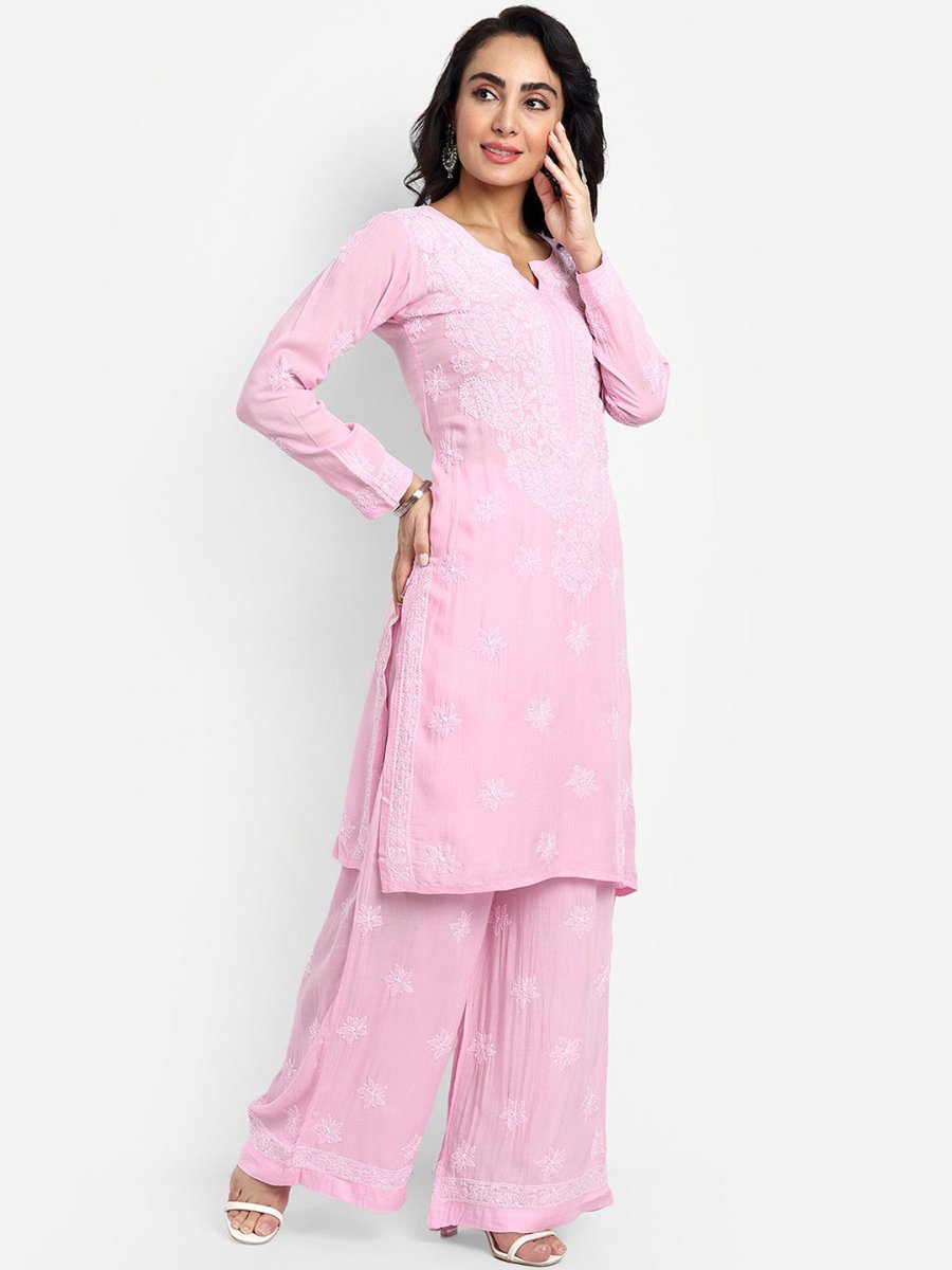 ADA Floral Embroidered Round Neck Long Sleeve Regular Chikankari Kurta With Palazzos 