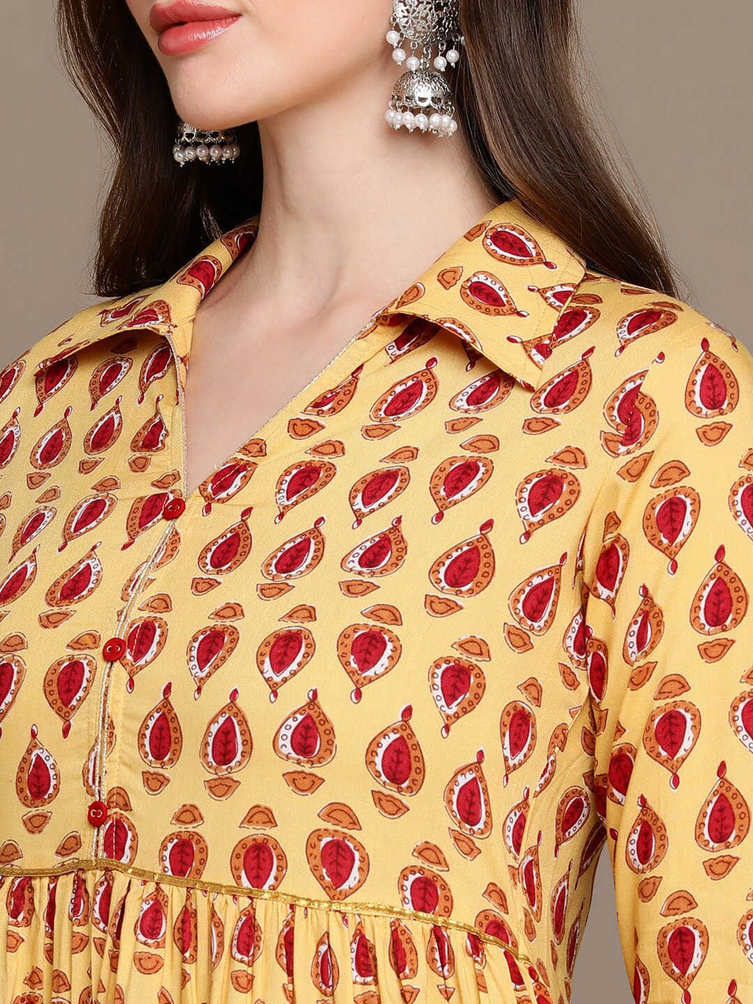 HERE&NOW Ethnic Motifs Printed Shirt Collar Pure Cotton Anarkali Kurta
