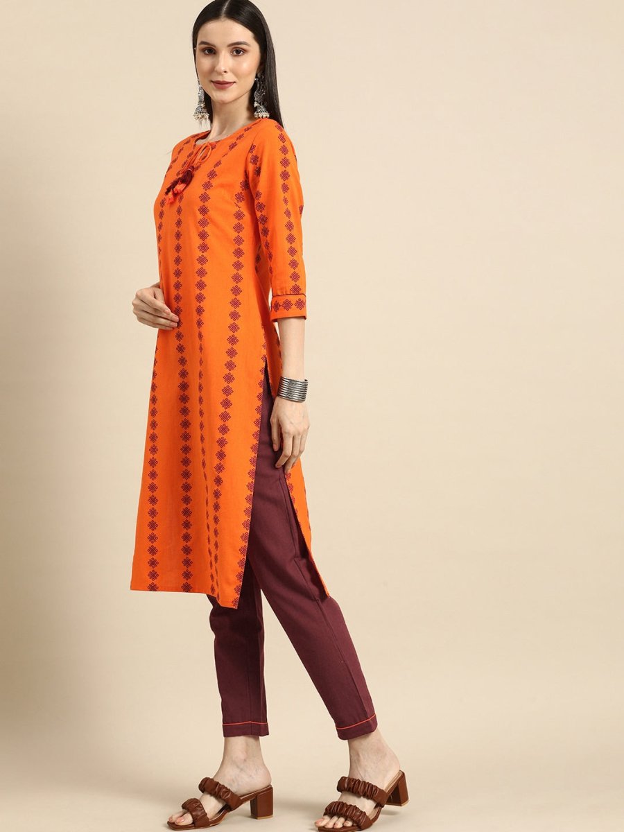 All About You Women Orange Printed Kurta with Maroon Solid Trousers