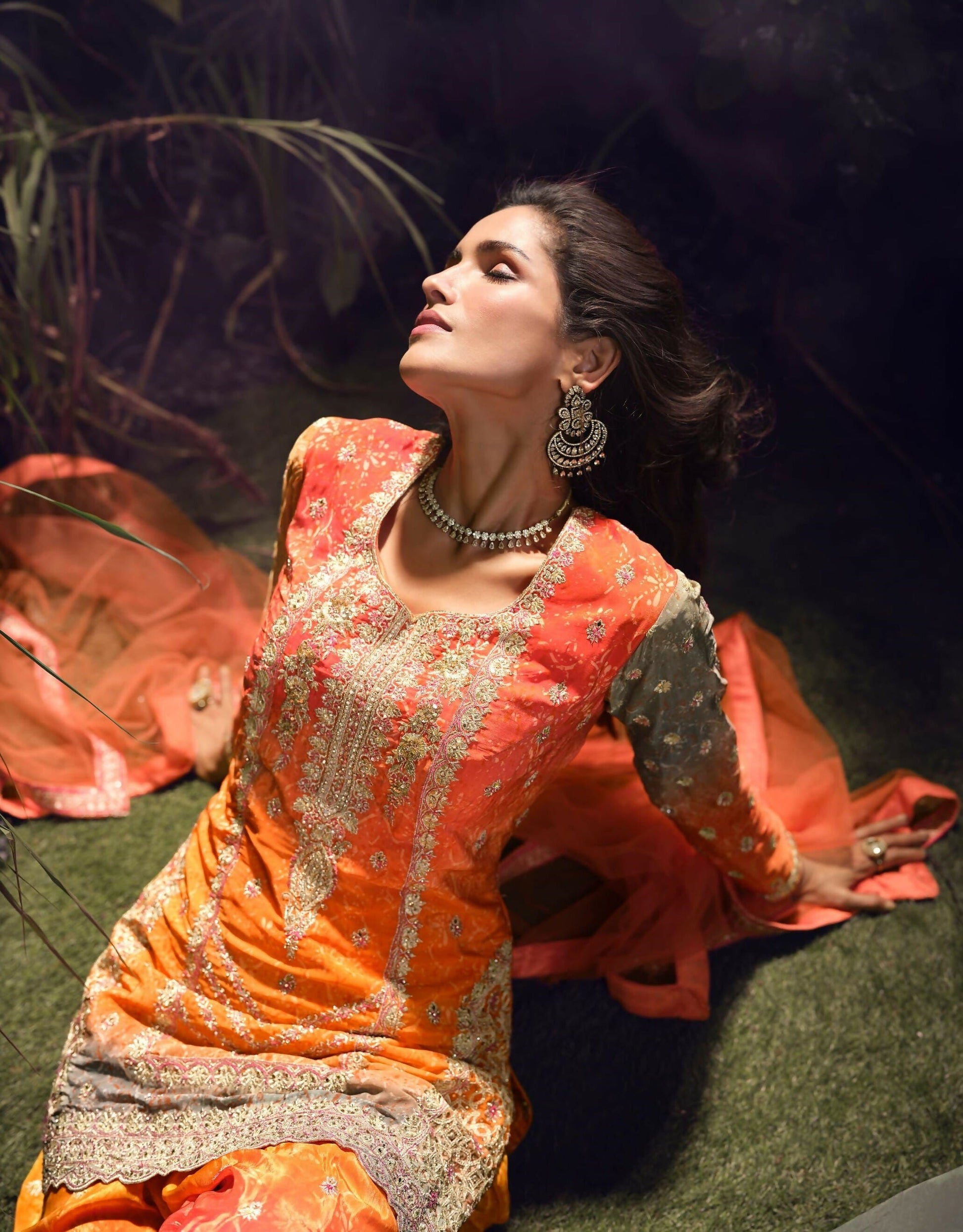 Anaita Orange Chinon Stitched Suit with Embroidery & Sequence Work