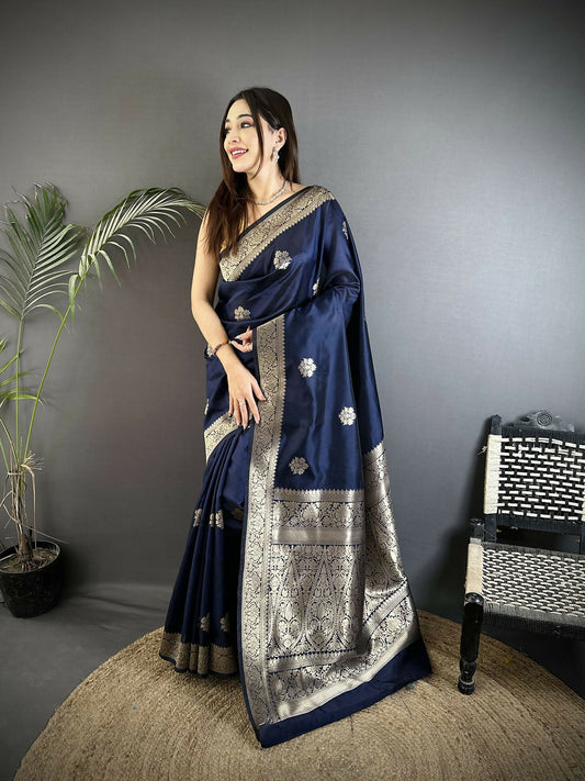 Joban Fashion Navy Blue Floral Jacquard Woven Design Cotton Silk Banarasi Silk Saree