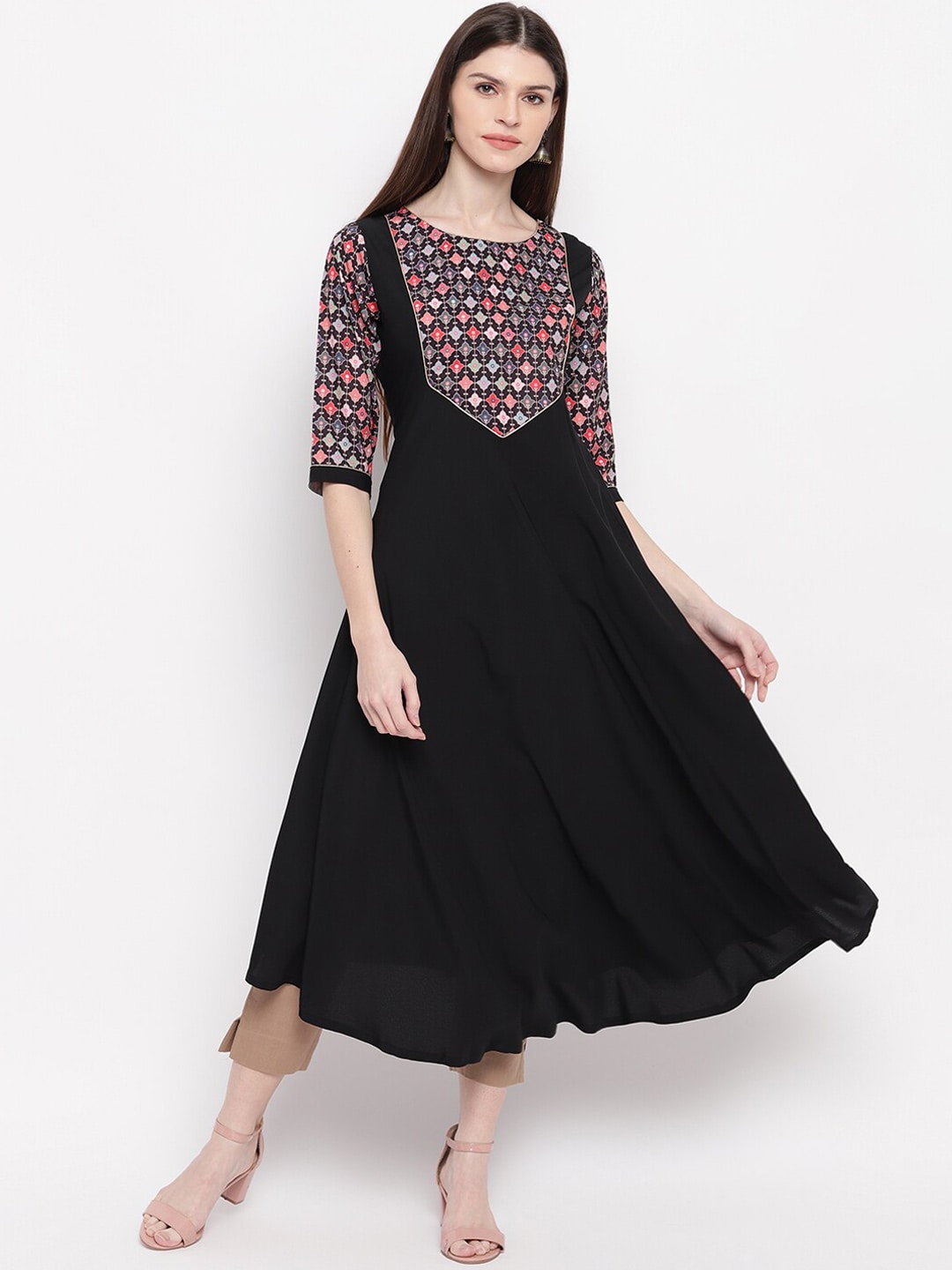 Janasya Women Black Geometric Yoke Design Crepe Anarkali Kurta