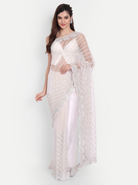 kasee Women White Floral Embroidered Net Saree