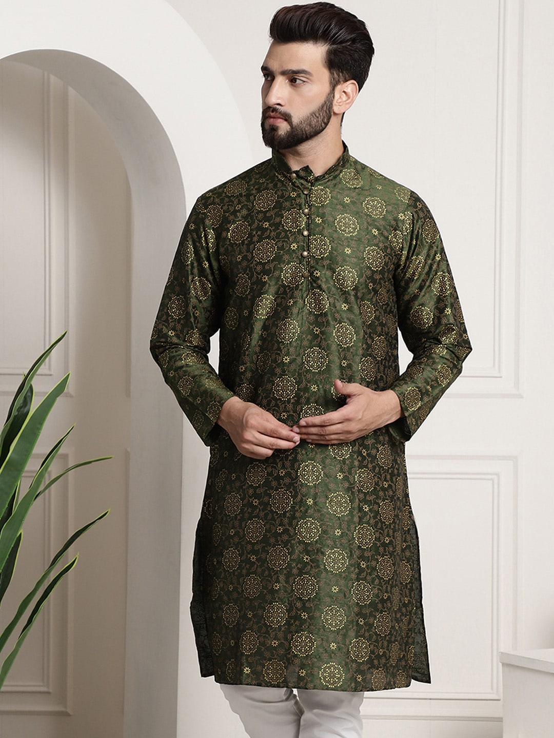 Sojanya Men Green & Brown Ethnic Motifs Printed Kurta 