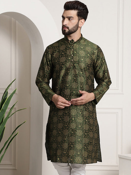 Sojanya Men Green & Brown Ethnic Motifs Printed Kurta 
