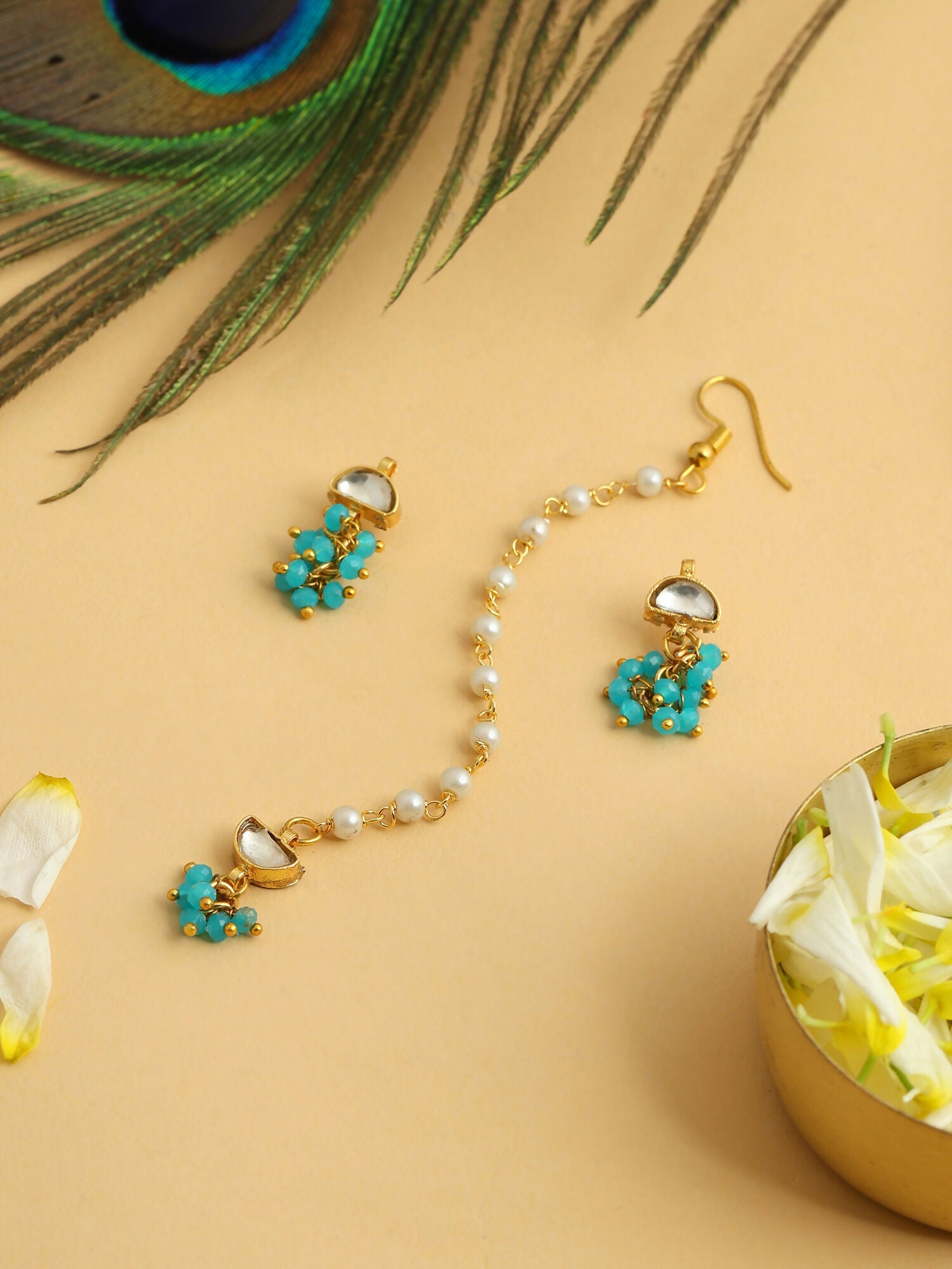 Ruby Raang Semi-Circle Gold Blue Earrings Set With Maang Tikka
