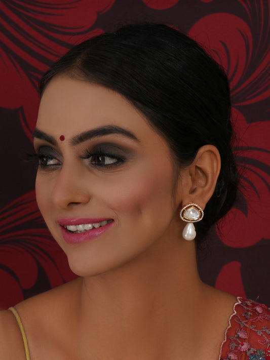 Kundan Studs with Pearl Drop (Gold) - Ruby Raang - Grab2buy