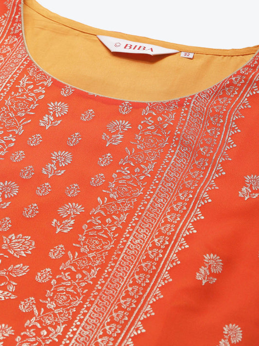 Biba Women Rust Orange & Golden Printed Layered Straight Kurta - Grab2buy