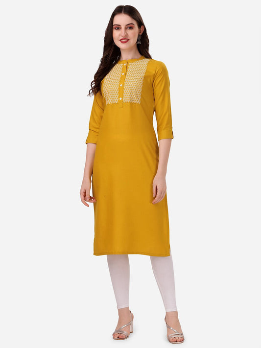 HERE&NOW Yoke Design Mandarin Collar Thread Work Cotton Kurta 