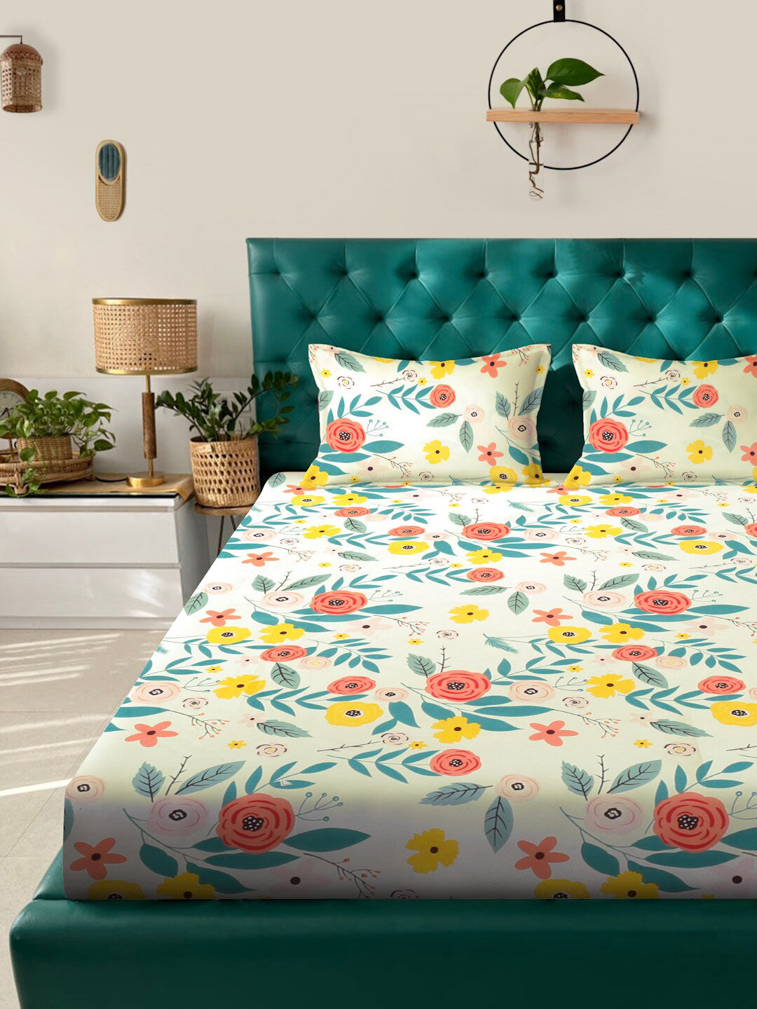 KLOTTHE White & Blue Floral Printed 300 TC King Bedsheet With 2 Pillow covers 