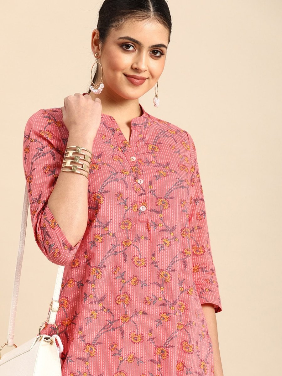 All About You Women Pink & Yellow Floral Printed Kurta