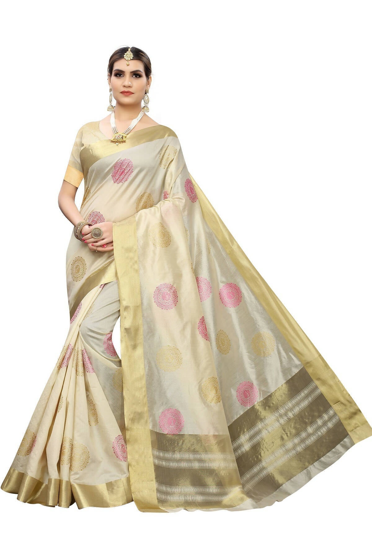 Vamika Cream Weaving Cotton Polyester Silk Grab2Buy (Kerala Bird Pink)  Grab2Buy Vamika Grab2Buy
