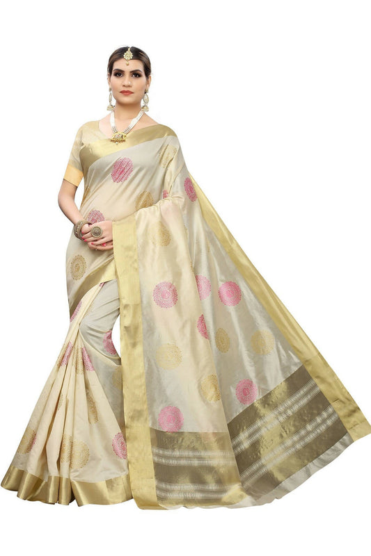 Vamika Cream Weaving Cotton Polyester Silk Grab2Buy (Kerala Bird Pink)  Grab2Buy Vamika Grab2Buy