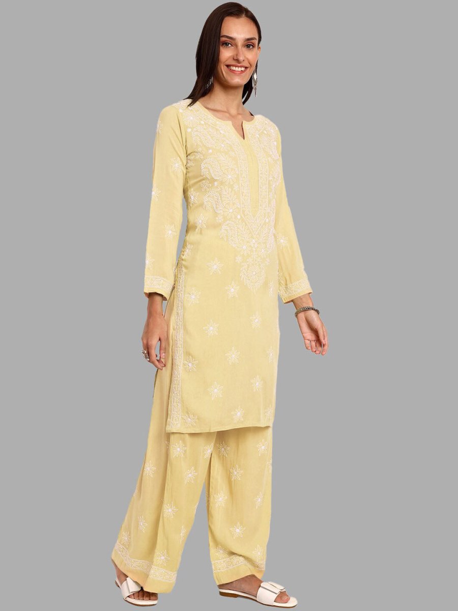 ADA Ethnic Motifs Embroidered Chikankari Straight Kurta with Palazzos 