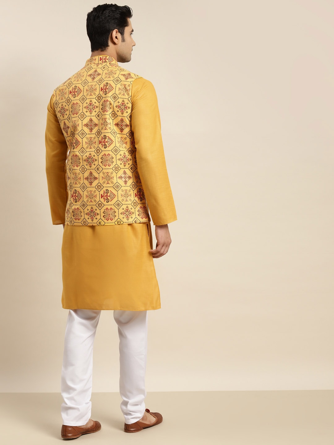 Sojanya Men Mustard Yellow Pure Cotton Kurta with Churidar & Nehru Jacket 