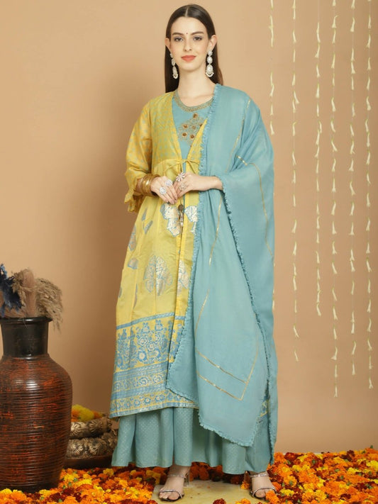 Aastha Fashion Women's Yellow Chanderi Silk Elegant Jardoshi Kurta with Trouser & Dupatta - Grab2buy